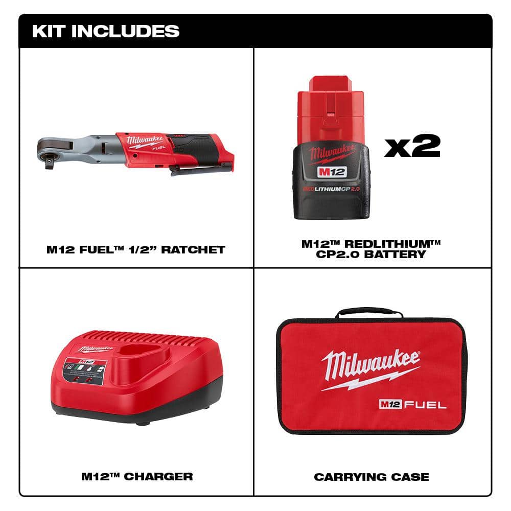 Milwaukee M12 FUEL 12V Lithium‑Ion Brushless 1/2 in. Cordless Ratchet Kit with (2) 2.0Ah Batteries, Charger, Bag & Metric Socket Set