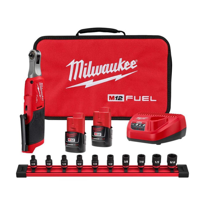 Milwaukee M12 FUEL 12V Li-Ion Brushless High-Speed 1/4 in. Cordless Ratchet Kit with (2) CP2.0 Batteries, Charger & SAE Socket Set