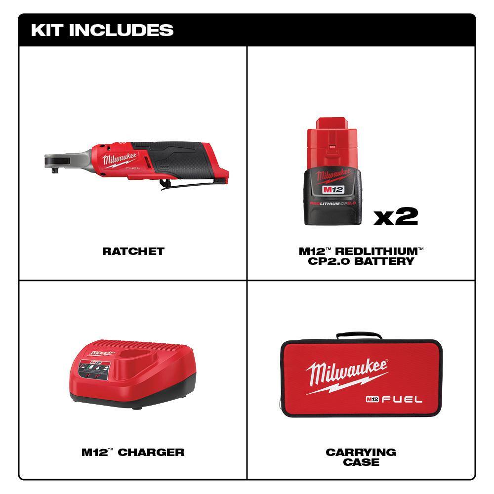 Milwaukee M12 FUEL 12V Li-Ion Brushless High-Speed 1/4 in. Cordless Ratchet Kit with (2) CP2.0 Batteries, Charger & SAE Socket Set