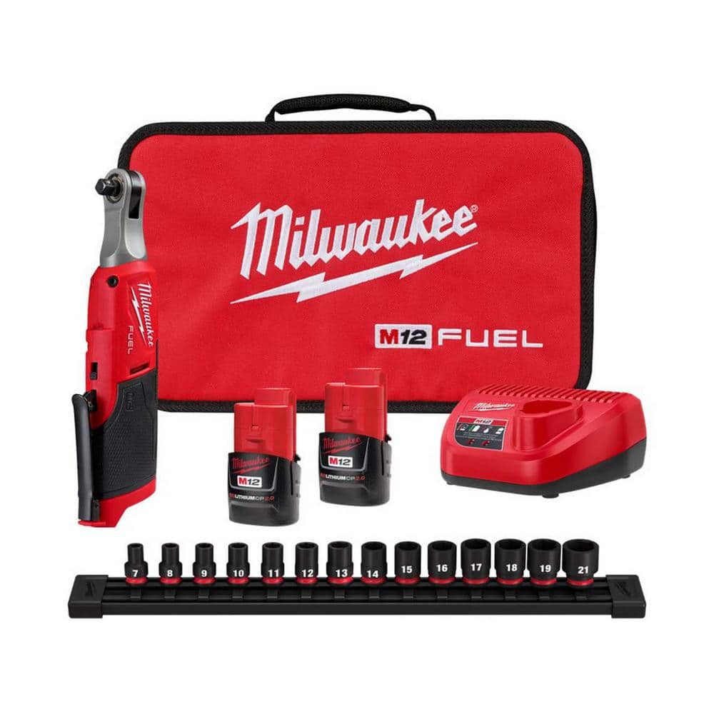 Milwaukee M12 FUEL 12V Li‑Ion Brushless High‑Speed 3/8 in. Cordless Ratchet Kit with (2) CP2.0 Batteries, Charger, Bag & Metric Socket Set