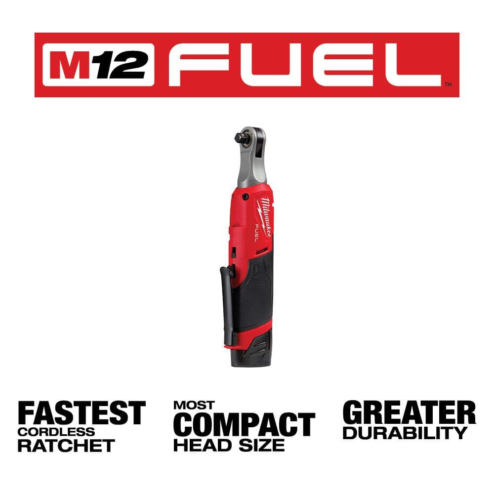 Milwaukee M12 FUEL 12V Brushless High-Speed 3/8 in. Cordless Ratchet Kit with (2) Batteries, Charger & 3/8 in. SAE Socket Set