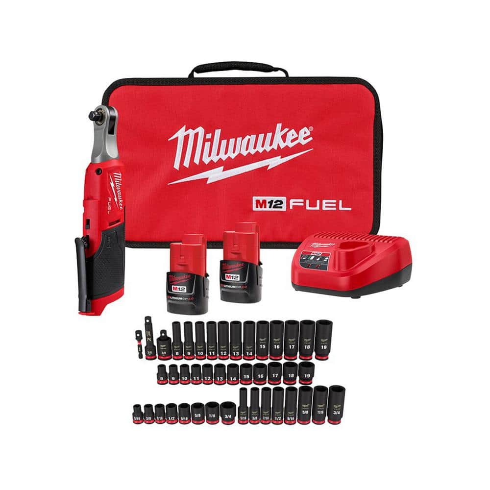 Milwaukee M12 FUEL 12V Brushless High-Speed 3/8 in. Cordless Ratchet Kit with (2) Batteries, Charger & 3/8 in. SAE Socket Set
