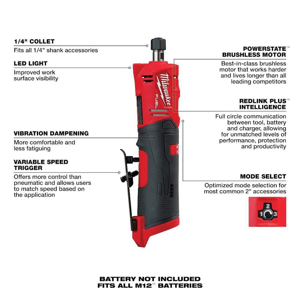 Milwaukee M12 FUEL 12V Brushless Cordless 1/4 in. Straight Die Grinder, Tool-Only (Model 2486-20)
