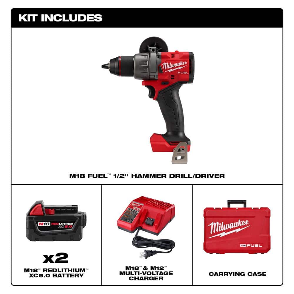 Milwaukee M18 FUEL 18V Brushless 1/2 in. Hammer Drill/Driver Kit with M18 FUEL 1/2 in. Impact Wrench (2 XC5.0 Batteries, Charger, Case)