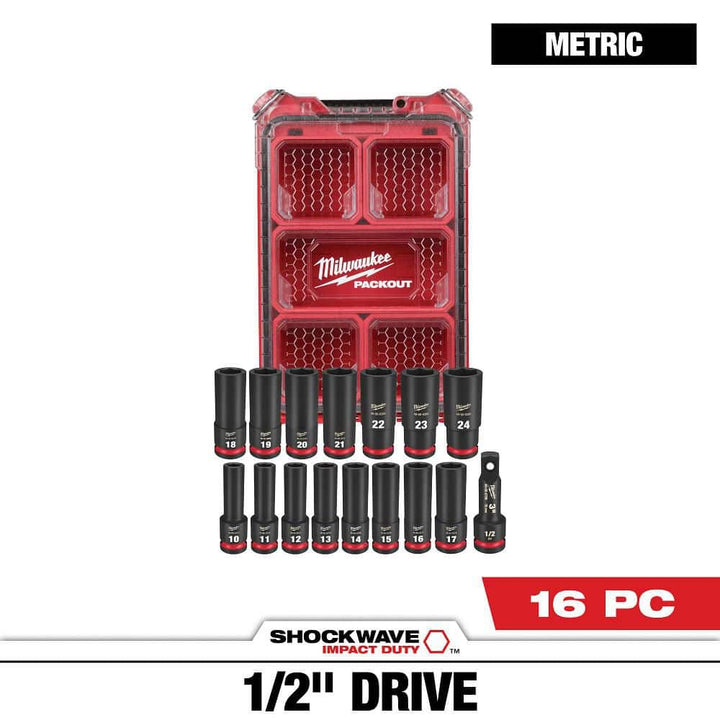 Milwaukee SHOCKWAVE Impact Duty 1/2 in. Drive Metric Deep Well PACKOUT Socket Set (16-Piece) with Screw Driver Bit Set (120-Piece)