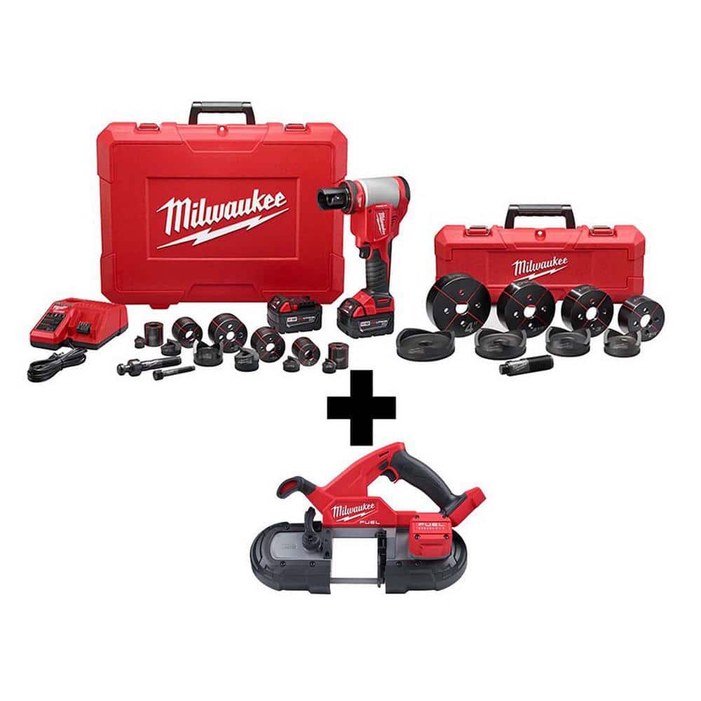 Milwaukee M18 18-Volt Lithium-Ion 1/2 in. to 4 in. FORCE LOGIC High-Capacity Cordless Knockout Tool Kit with M18 FUEL Compact Band Saw