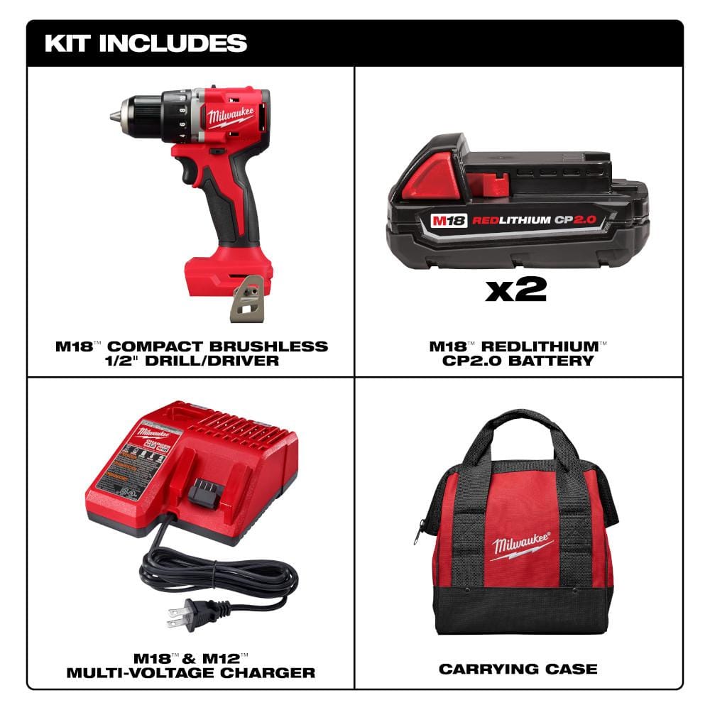 Milwaukee M18 18-Volt Lithium-Ion Brushless Cordless 1/2 in. Compact Drill/Driver Kit with Titanium Drill Bit Set (23-Piece)