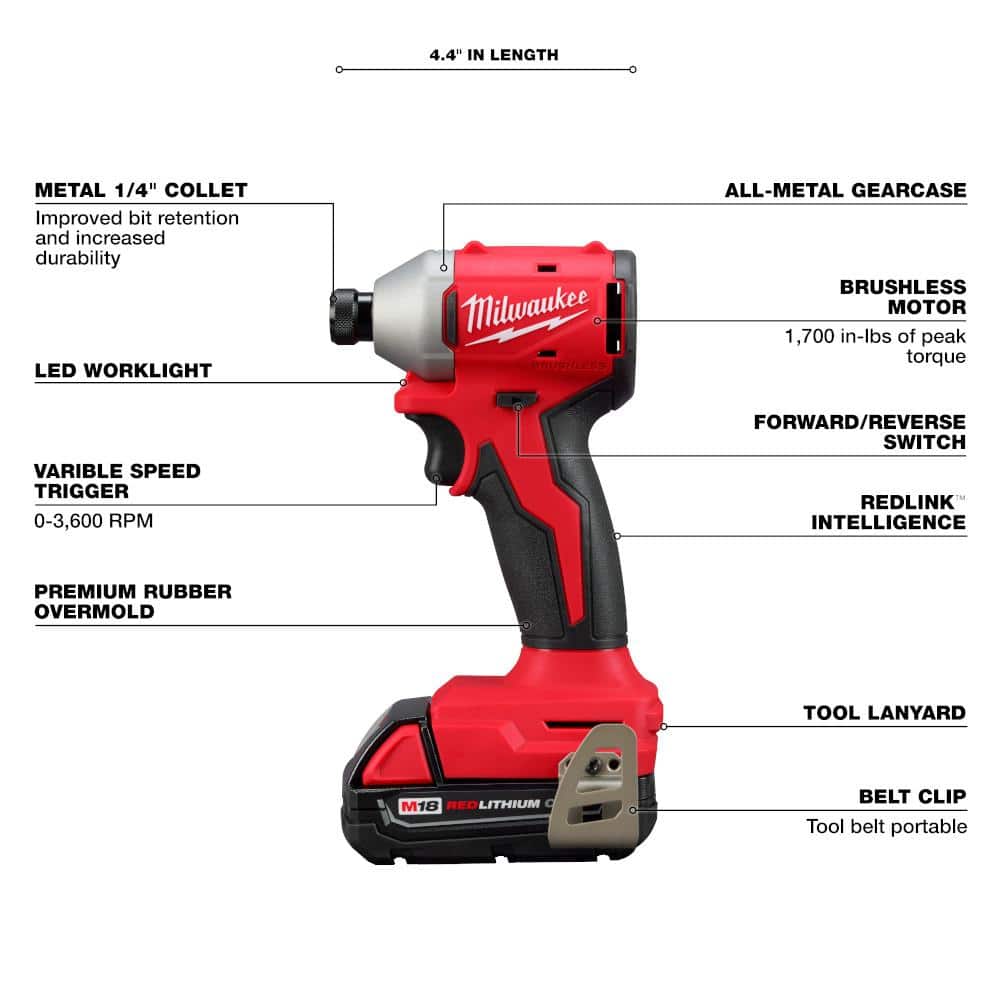 Milwaukee M18 18V Lithium‑Ion Brushless Cordless Compact Drill/Impact Combo Kit with SHOCKWAVE Titanium Drill Bit Set (2-Tool, 2 Batteries)