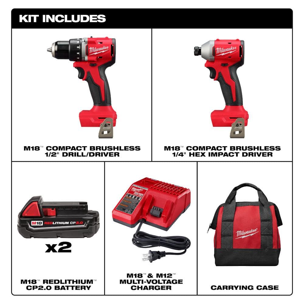 Milwaukee M18 18V Lithium-Ion Brushless Cordless Compact Drill/Impact Combo Kit (2-Tool) with (2) 2.0 Ah Batteries, Charger & Bag