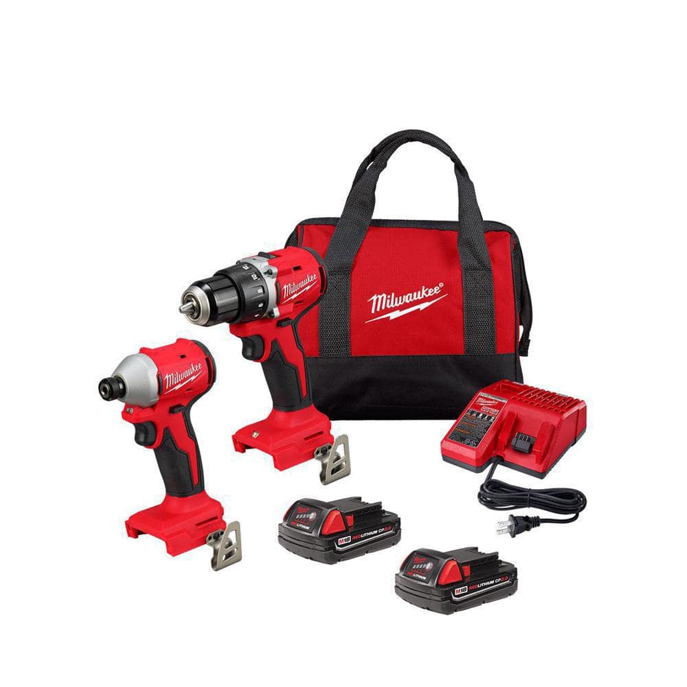 Milwaukee M18 18V Lithium‑Ion Brushless Cordless Compact Drill/Impact Combo Kit with SHOCKWAVE Titanium Drill Bit Set (2-Tool, 2 Batteries)