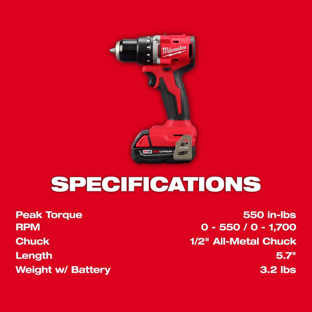 Milwaukee M18 18V Lithium-Ion Brushless Cordless Compact Drill/Impact Combo Kit (2-Tool) with (2) 2.0Ah Batteries & 120-Piece Bit Set