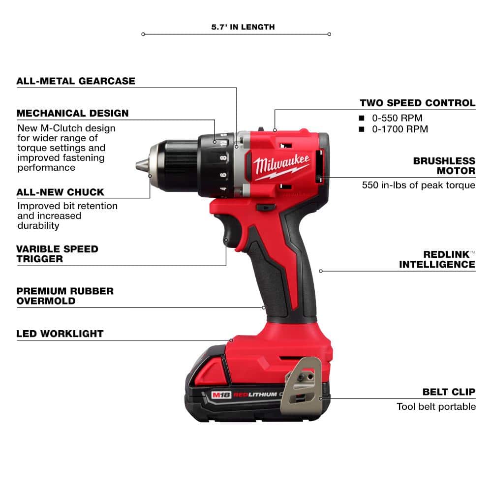 Milwaukee M18 18V Lithium-Ion Brushless Cordless Compact Drill/Impact Combo Kit (2-Tool) with (2) 2.0 Ah Batteries, Charger & Bag