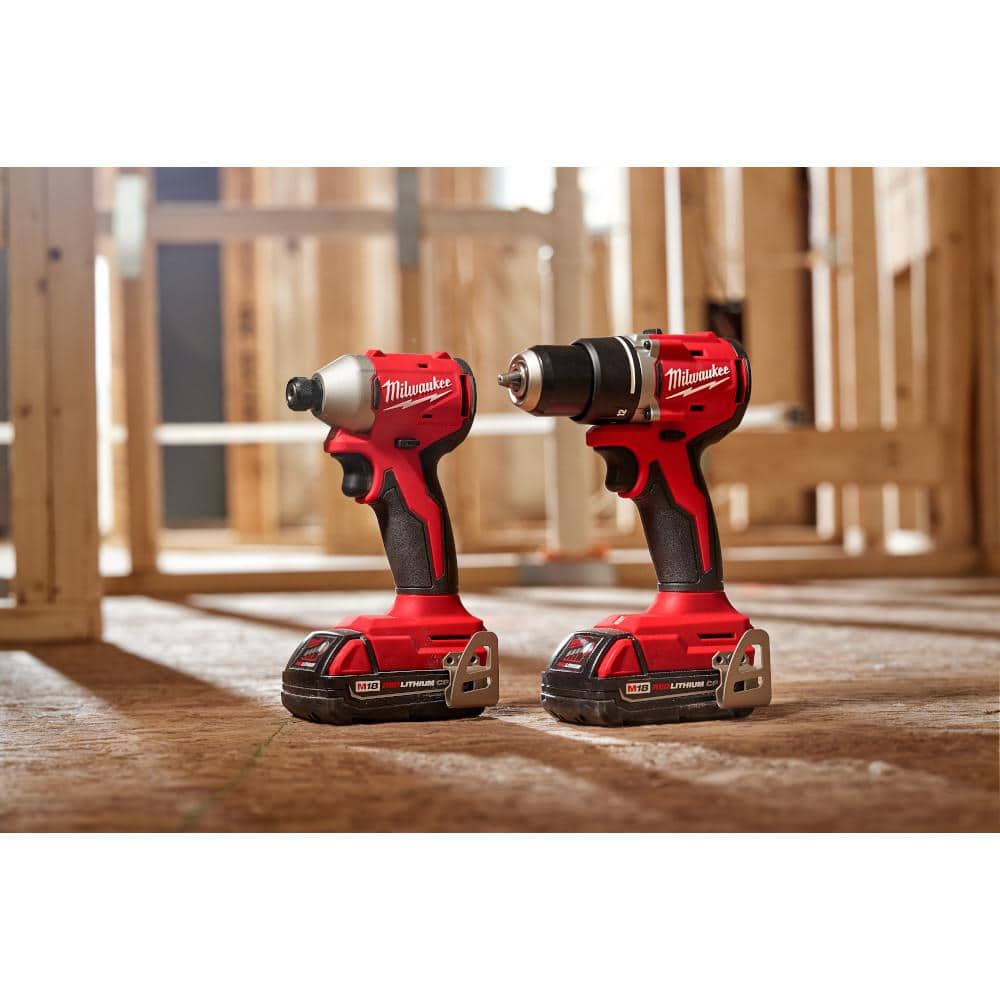Milwaukee M18 18V Lithium‑Ion Brushless Cordless Compact Drill/Impact Combo Kit with SHOCKWAVE Titanium Drill Bit Set (2-Tool, 2 Batteries)