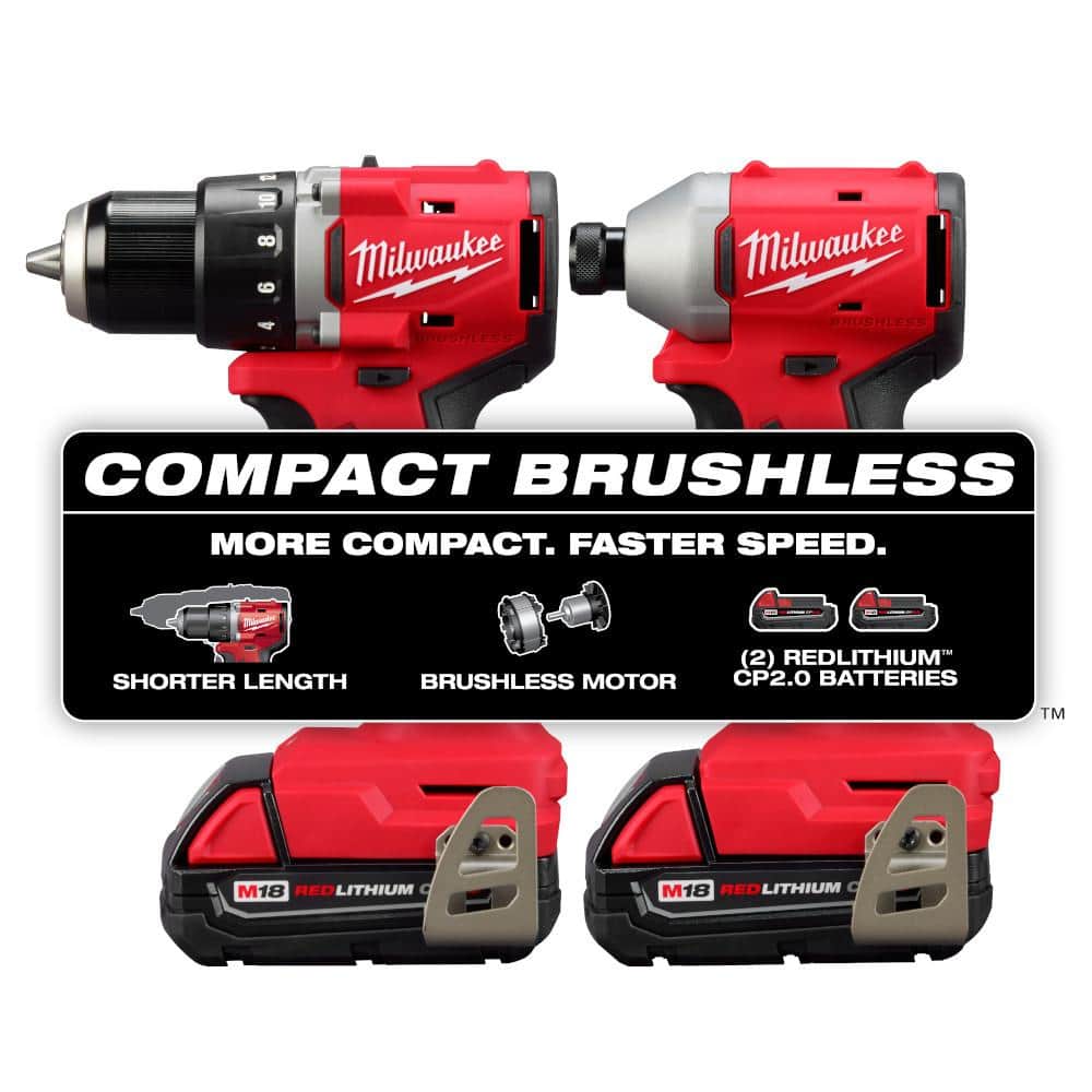 Milwaukee M18 18V Lithium-Ion Brushless Cordless Compact Drill/Impact Combo Kit (2-Tool) with (2) 2.0Ah Batteries & 120-Piece Bit Set