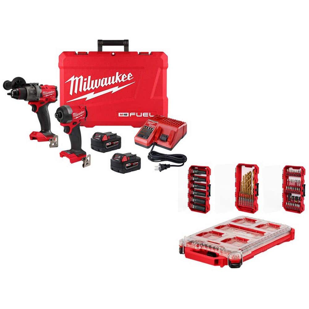Milwaukee M18 FUEL 18V Li‑Ion Brushless Cordless Hammer Drill & Impact Driver Combo Kit with 2 Batteries and PACKOUT Bit Set (60‑Pc)