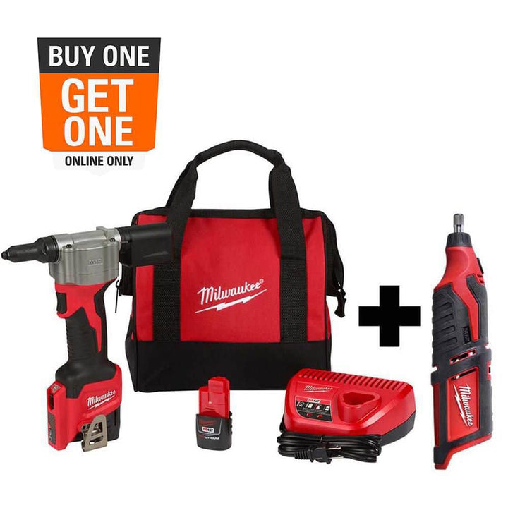 Milwaukee M12 12-Volt Lithium-Ion Cordless Rivet Tool Kit with (2) 1.5Ah Batteries, Charger & M12 Rotary Tool