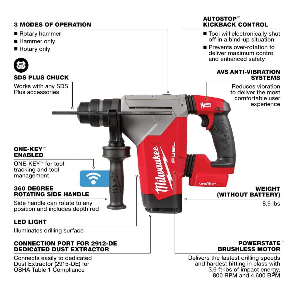 Milwaukee M18 FUEL 18V Lithium-Ion Brushless 1-1/8 in. Cordless SDS-Plus Rotary Hammer Dust Extractor Kit with FUEL 1/2 in. Impact Wrench (2915-22DE-2962-20)