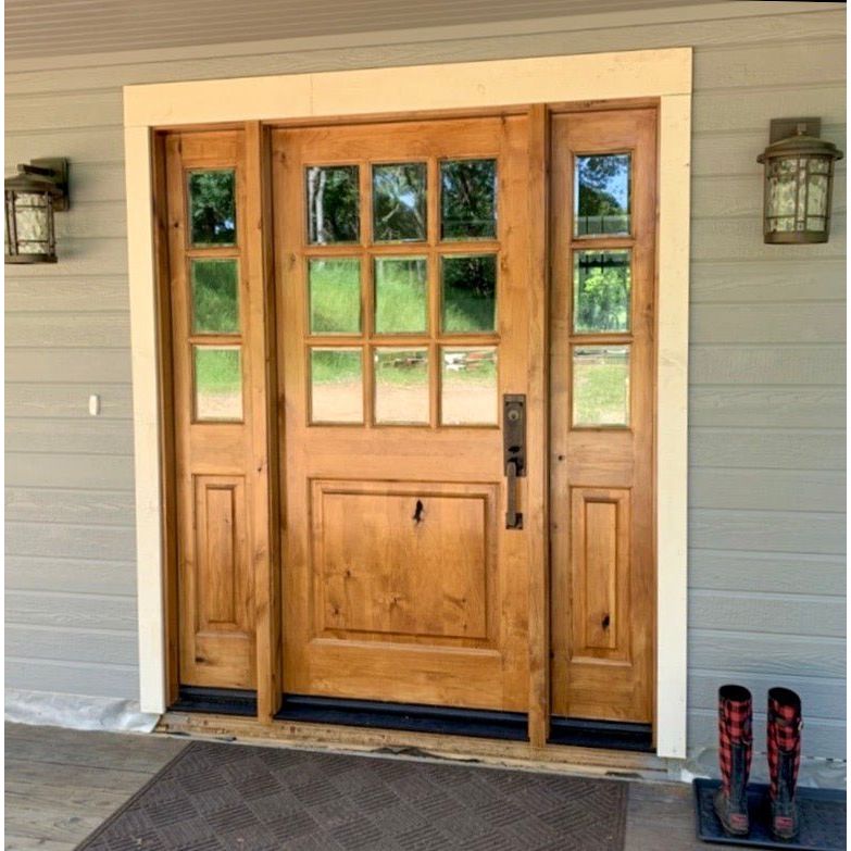 72 in. x 96 in. Craftsman Knotty Alder 9-Lite Clear Glass Unfinished Wood Right Active Inswing Double Prehung Front Door