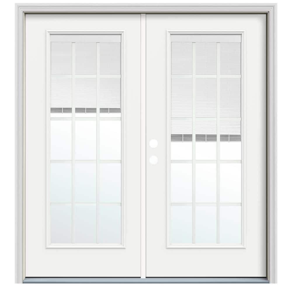 72 in. x 80 in. Right-Hand/Inswing Low-E 15 Lite Modern White Fiberglass Double Prehung French Patio Door w/BBG