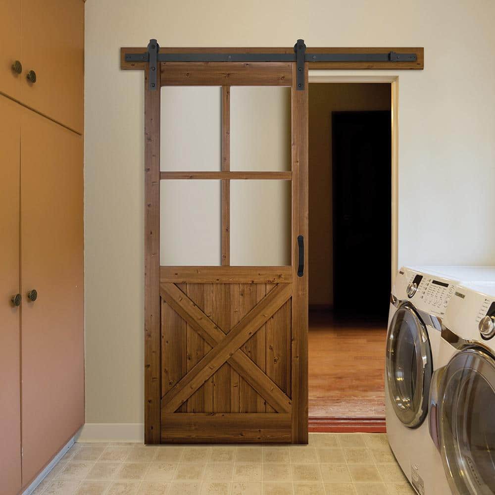 Masonite 36 in. x 84 in. 4-Lite Crossbuck Nutmeg Interior Sliding Barn Door Slab with Hardware Kit