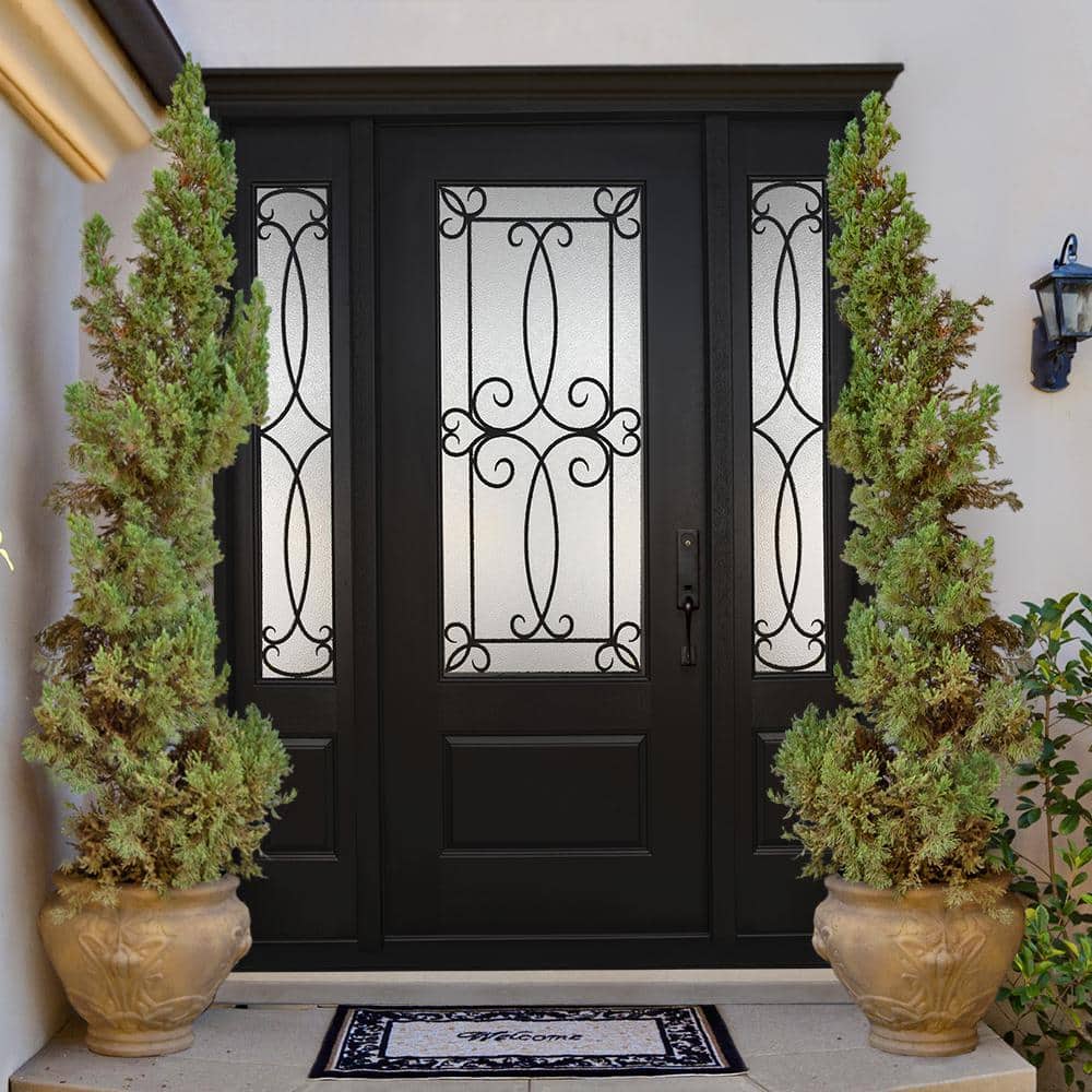 Steves & Sons Regency 64 in. x 80 in. 3/4 Lite Georgian Decorative Glass LHOS Onyx Mahogany Fiberglass Prehung Front Door with Double 12 in. Sidelites
