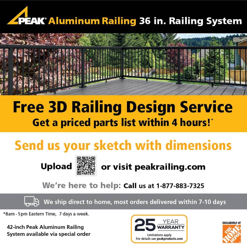 Peak Aluminum Railing 36 in. H x 66 in. W Clear Aluminum Deck Railing Tempered Glass Panel