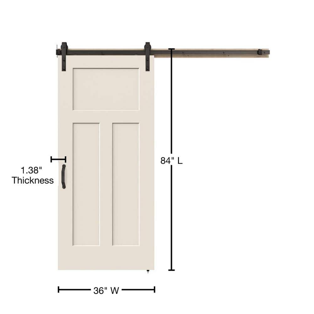 JELD-WEN 36 in. x 84 in. 3-Panel Craftsman Primed Smooth Molded Composite MDF Barn Door with Rustic Hardware Kit