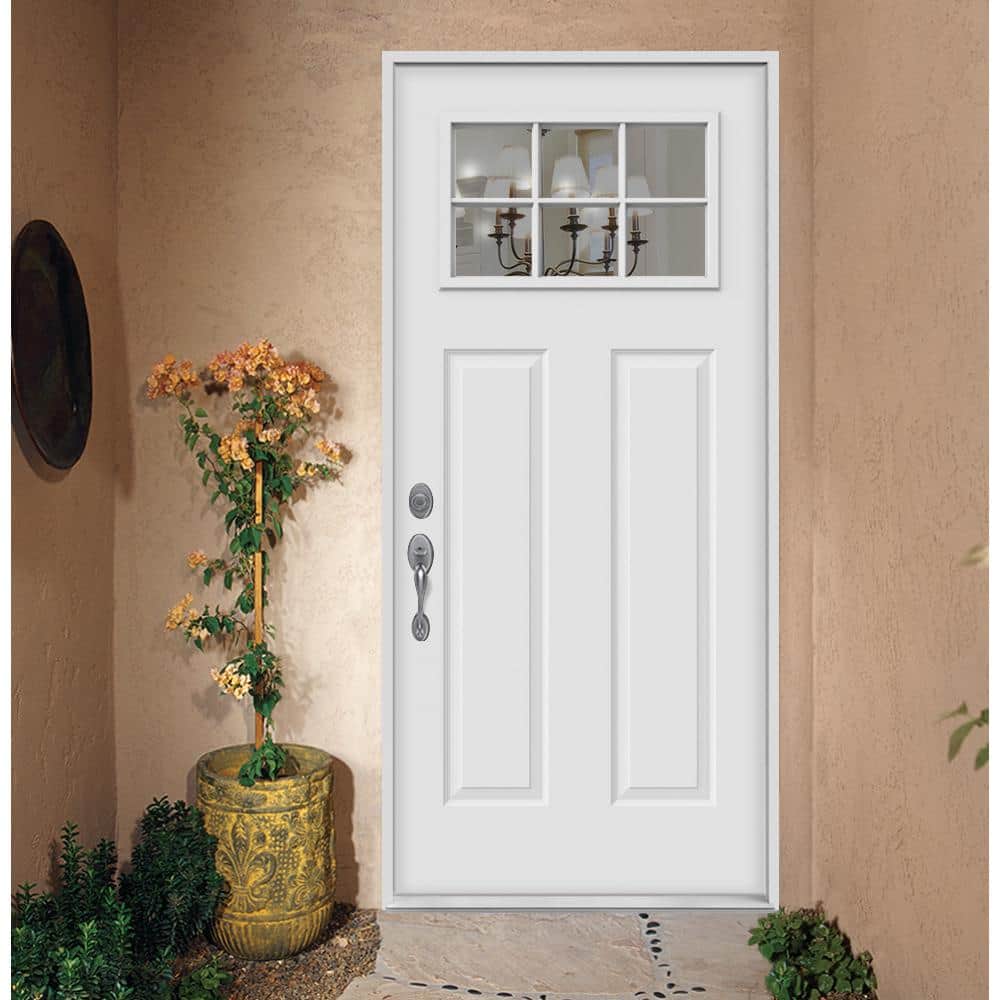 JELD-WEN 32 in. x 80 in. 6 Lite Craftsman Primed Steel Prehung Right-Hand Inswing Front Door