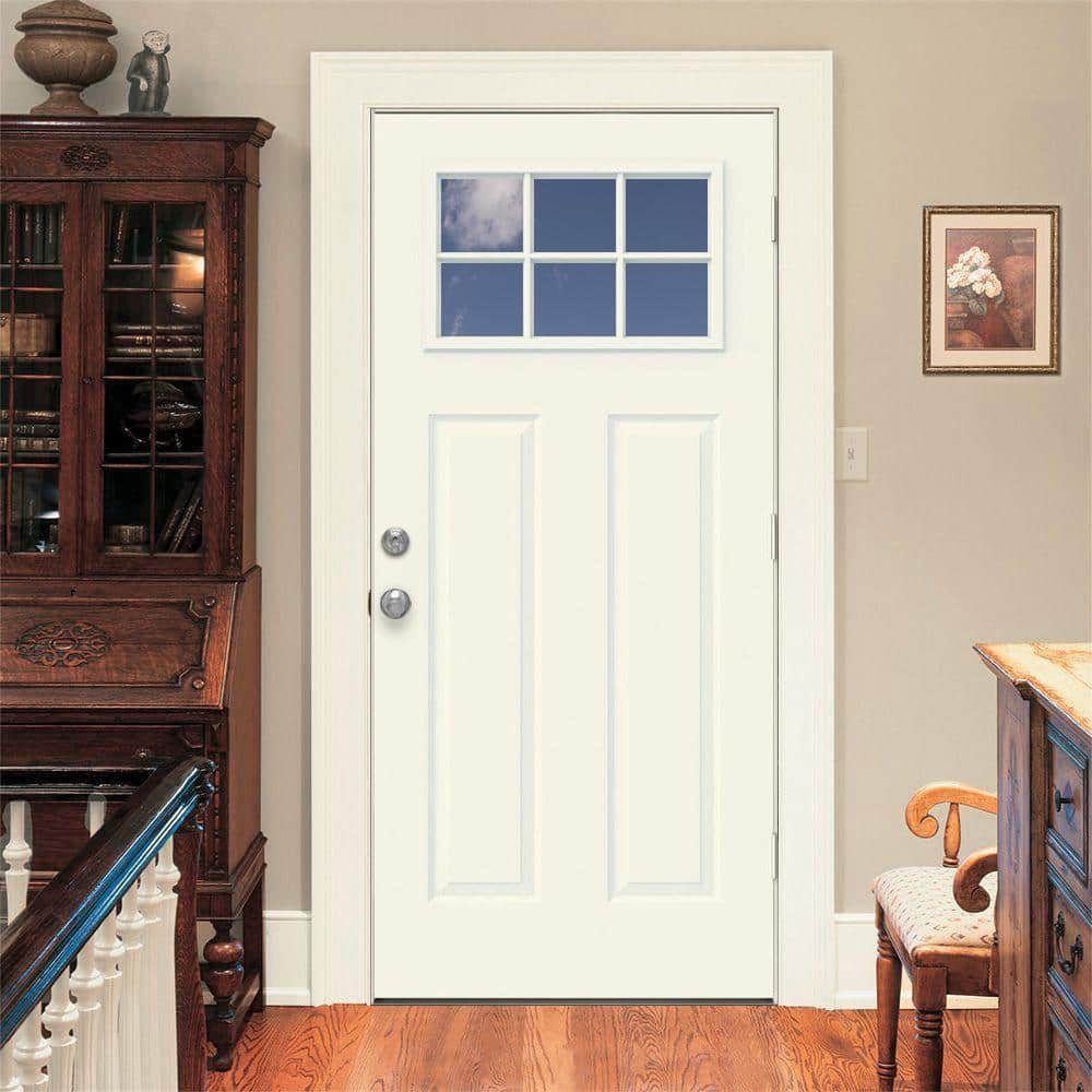 JELD-WEN 30 in. x 80 in. 6 Lite Craftsman Primed Steel Prehung Left-Hand Inswing Front Door