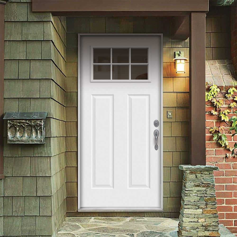 JELD-WEN 30 in. x 80 in. 6 Lite Craftsman Primed Steel Prehung Left-Hand Inswing Front Door