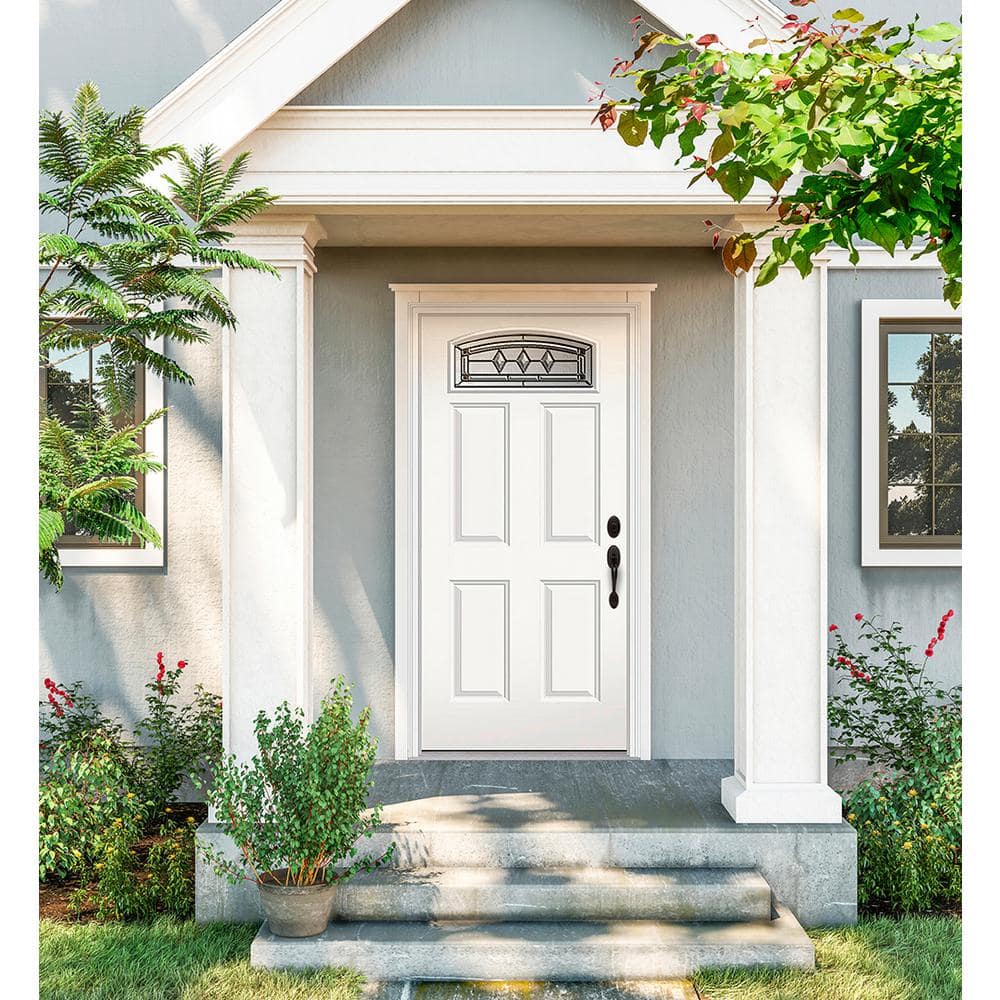 JELD-WEN 36 in. x 80 in. Camber Top Mission Prairie Primed Steel Prehung Left-Hand Inswing Front Door with Brickmould