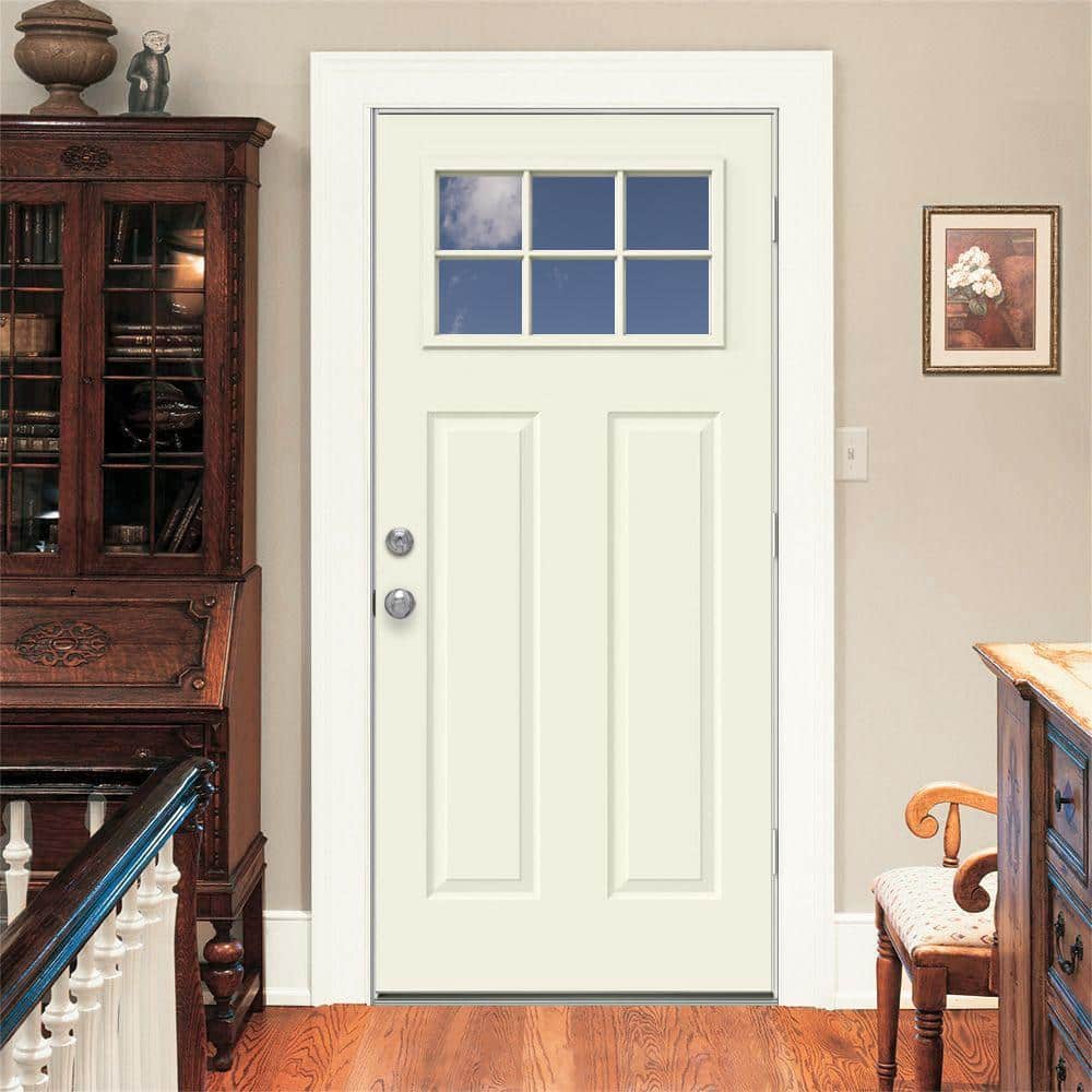 JELD-WEN 36 in. x 80 in. 6-Lite Craftsman White Painted Steel Prehung Left-Hand Inswing Front Door with Brickmould and Shelf