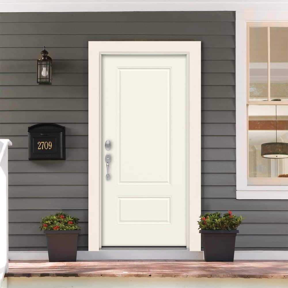 JELD-WEN 36 in. x 80 in. 2 Panel Euro Right-Hand Inswing Primed Steel Prehung Front Door