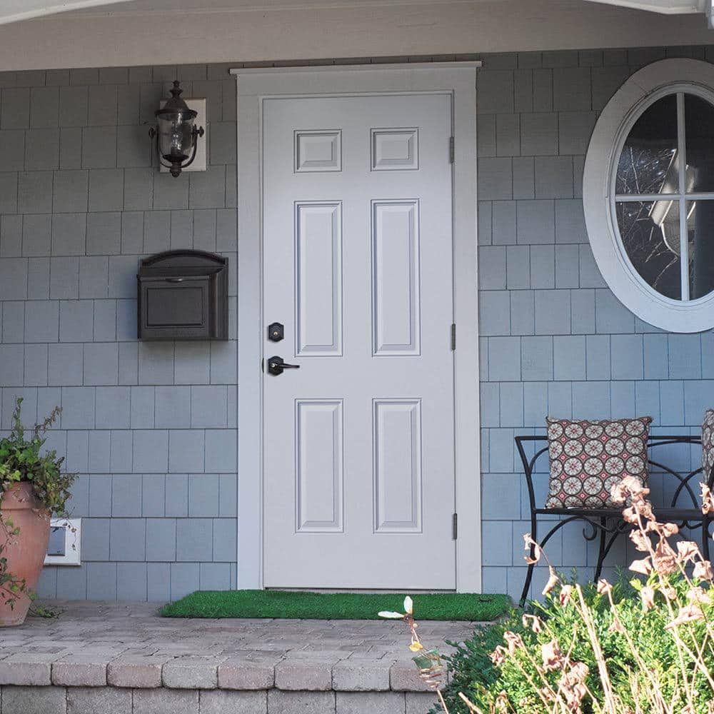Masonite 30 in. x 80 in. Premium 6 Panel Left-Hand Outswing Primed Impact Steel Prehung Front Exterior Door (No Brickmold)
