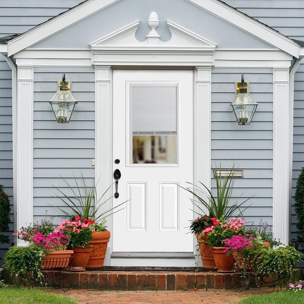 Masonite 32-in x 80-in Steel Half-Lite Mini-Blind Right-Hand Inswing Primed Prehung Single Front Door with Brickmould