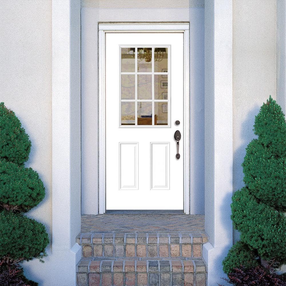 Masonite 32 in. x 80 in. Premium 9‑Lite Primed White Left‑Hand Inswing Steel Prehung Front Exterior Door with Brickmold