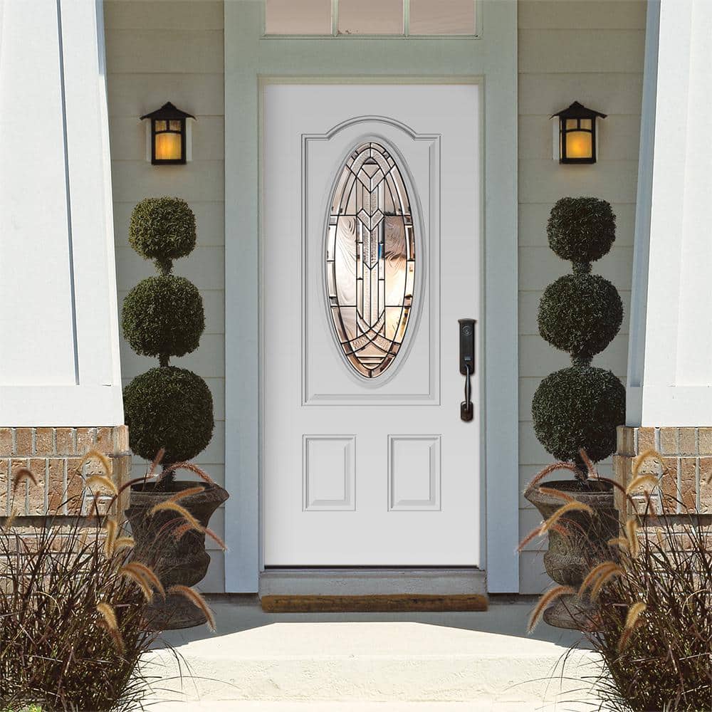 Masonite 36 in. x 80 in. Chatham 3/4 Oval-Lite Right-Hand Inswing Primed Steel Prehung Front Exterior Door