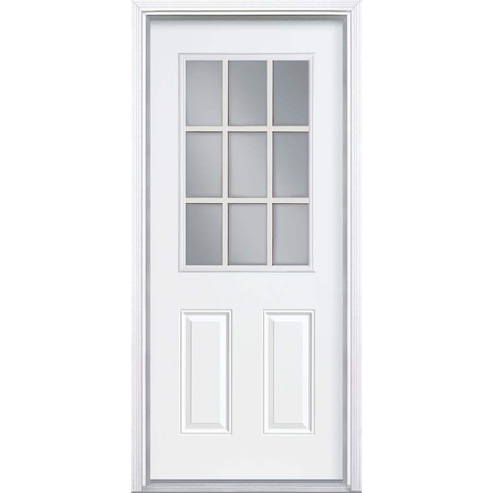 30 in. x 80 in. Masonite Premium 9 Lite Primed Right-Hand Inswing Steel Prehung Front Exterior Door with Brickmold