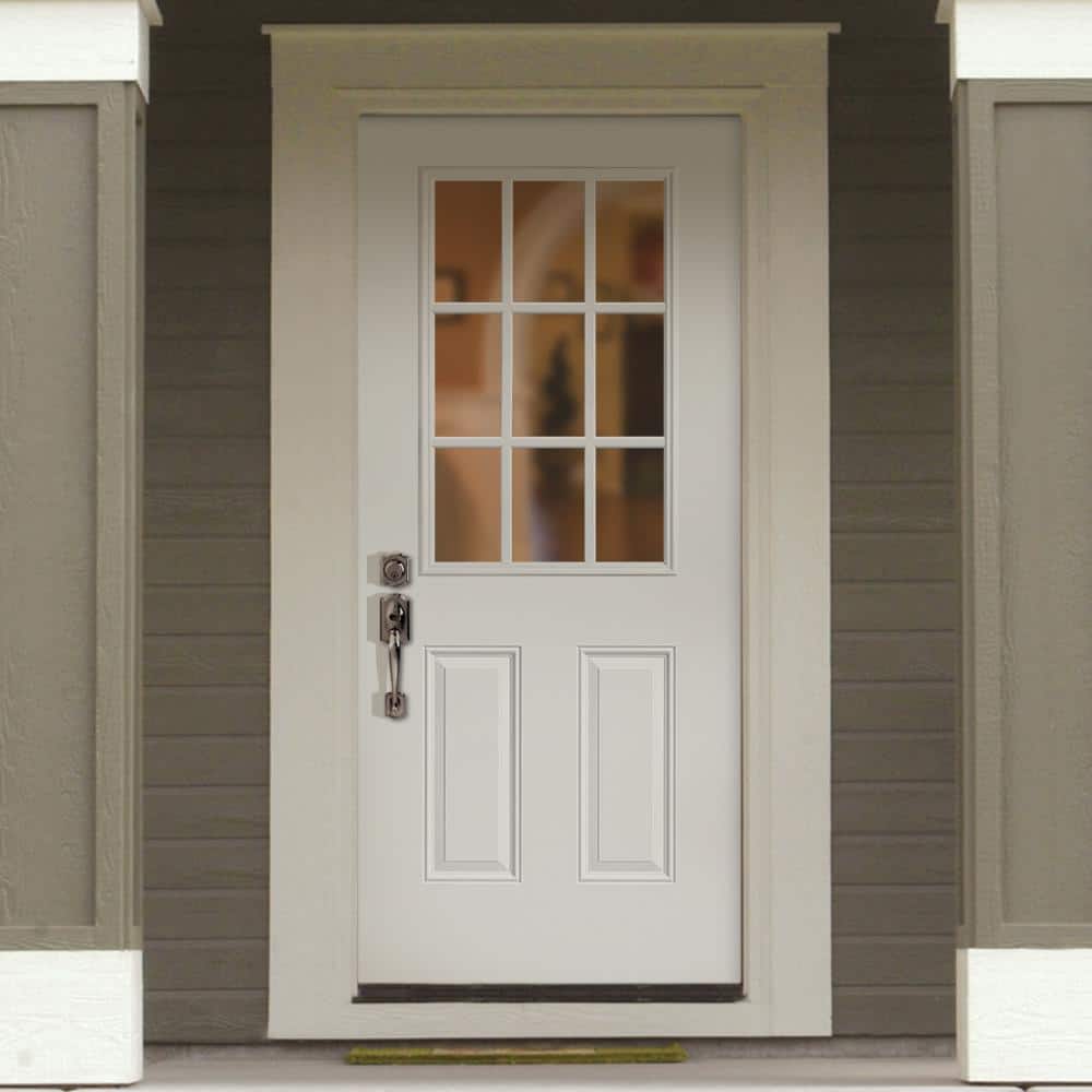 30 in. x 80 in. Masonite Premium 9 Lite Primed Right-Hand Inswing Steel Prehung Front Exterior Door with Brickmold