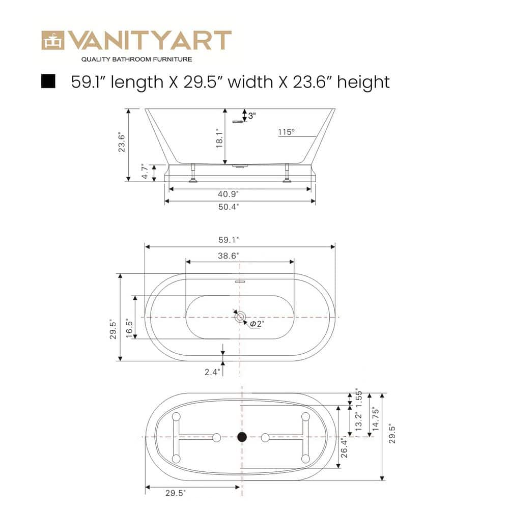 Vanity Art Versailles 59 in. Acrylic Flatbottom Freestanding Bathtub in Pure White