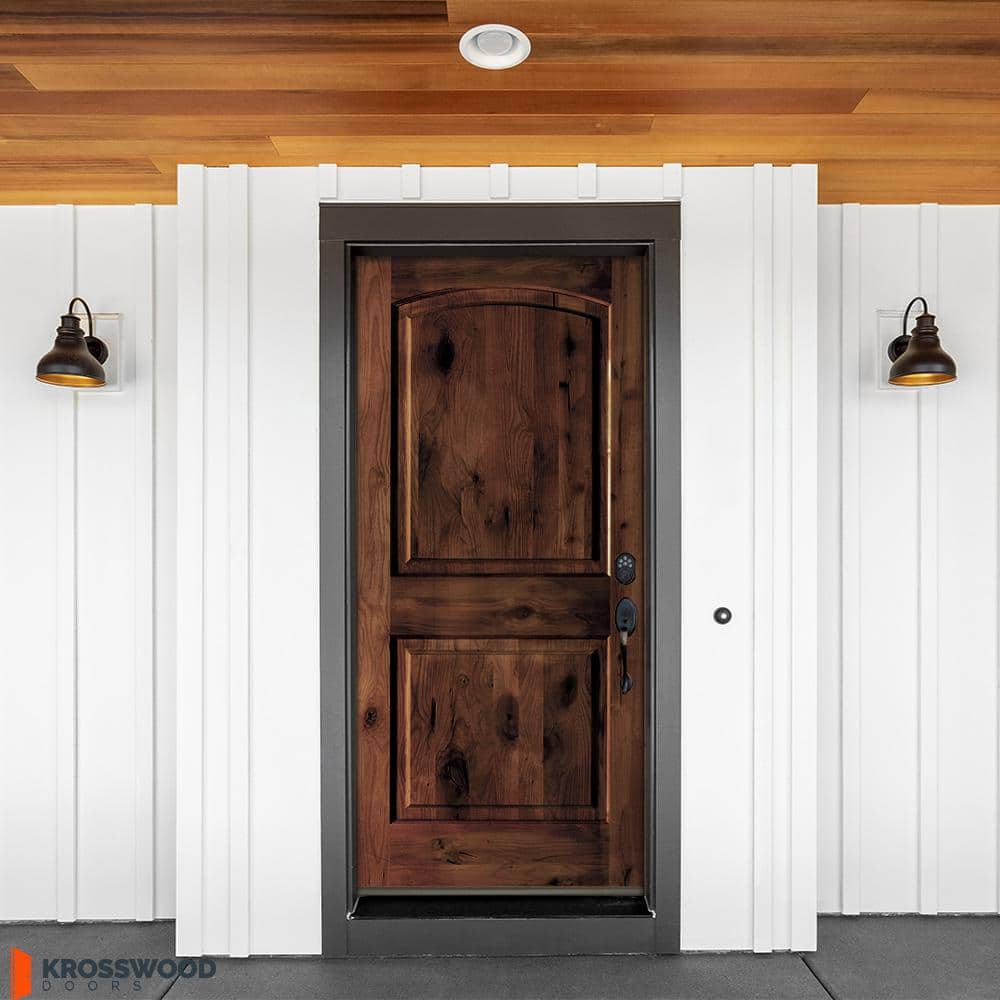 Krosswood Doors 42 in. x 80 in. Rustic Knotty Alder Arch Top Red Mahogany Stain Left-Hand Inswing Wood Single Prehung Front Door