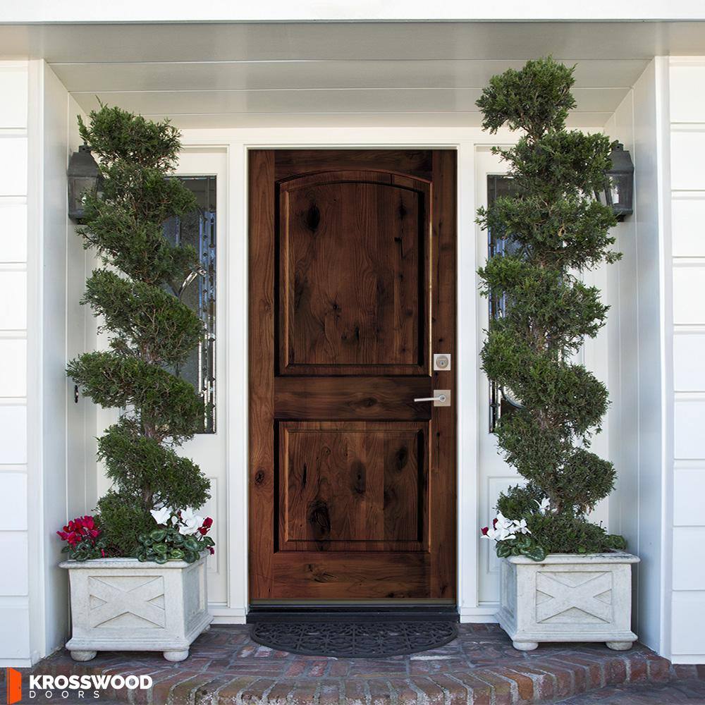 Krosswood Doors 42 in. x 80 in. Rustic Knotty Alder Arch Top Red Mahogany Stain Left-Hand Inswing Wood Single Prehung Front Door