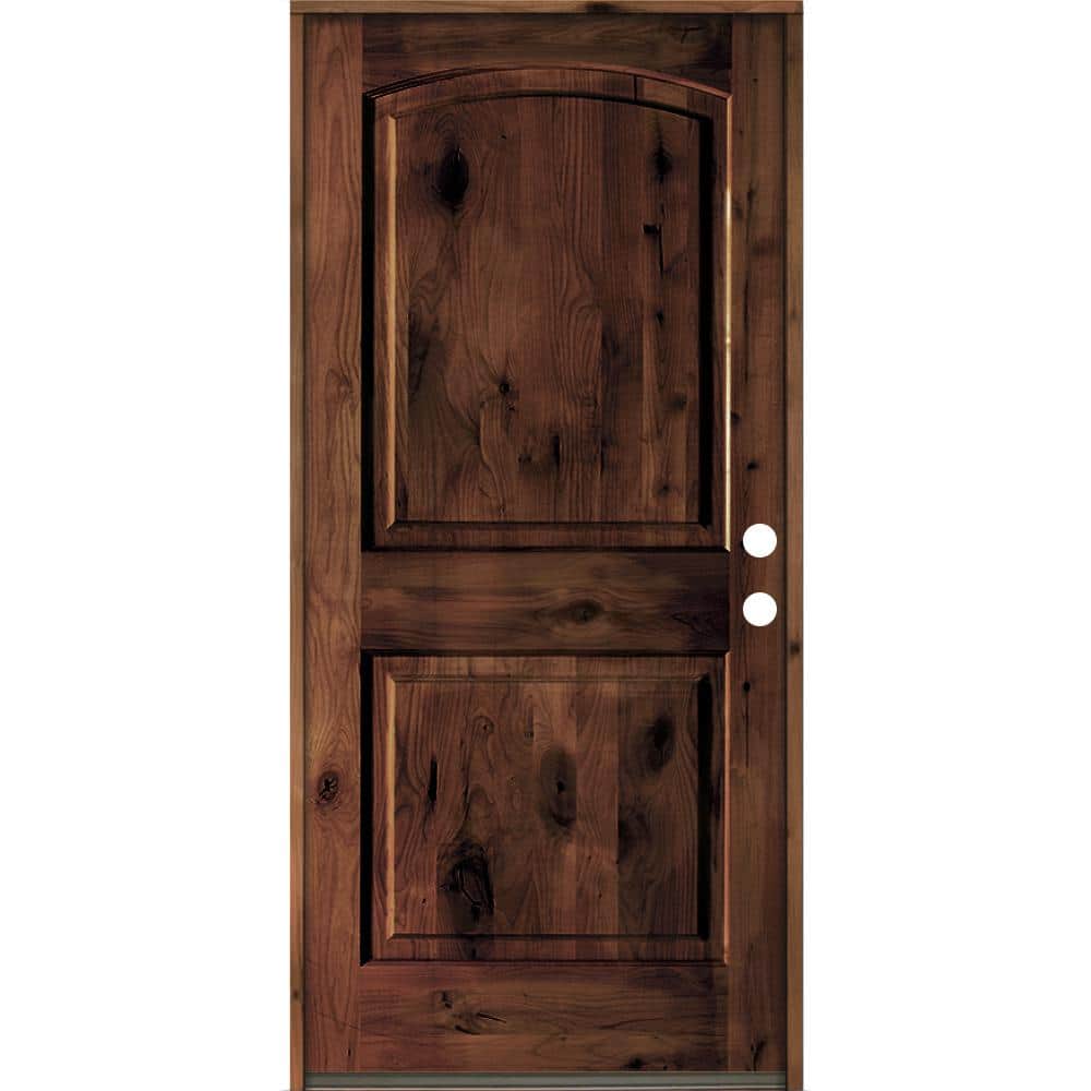 Krosswood Doors 42 in. x 80 in. Rustic Knotty Alder Arch Top Red Mahogany Stain Left-Hand Inswing Wood Single Prehung Front Door