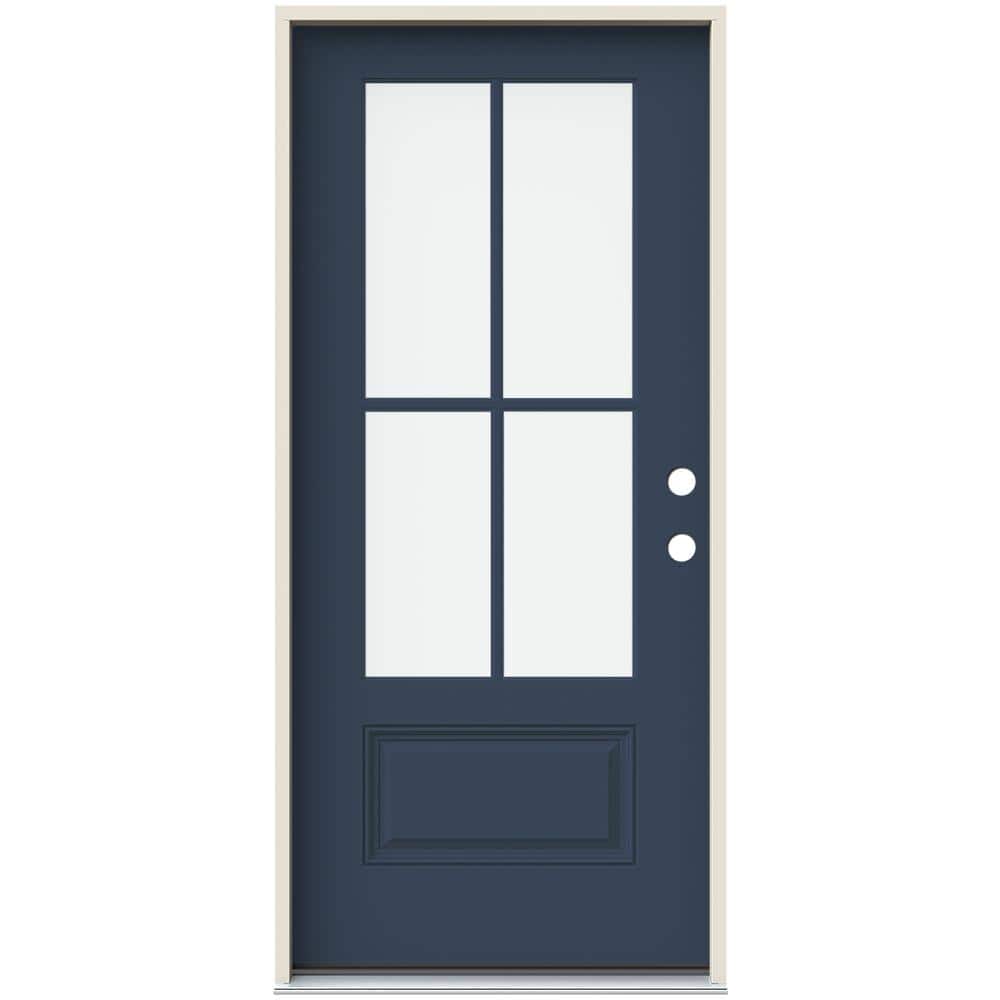 36 in. x 80 in. Left-Hand 4 Lite Clear Glass Revival Blue Painted Fiberglass Prehung Front Door with Brickmould