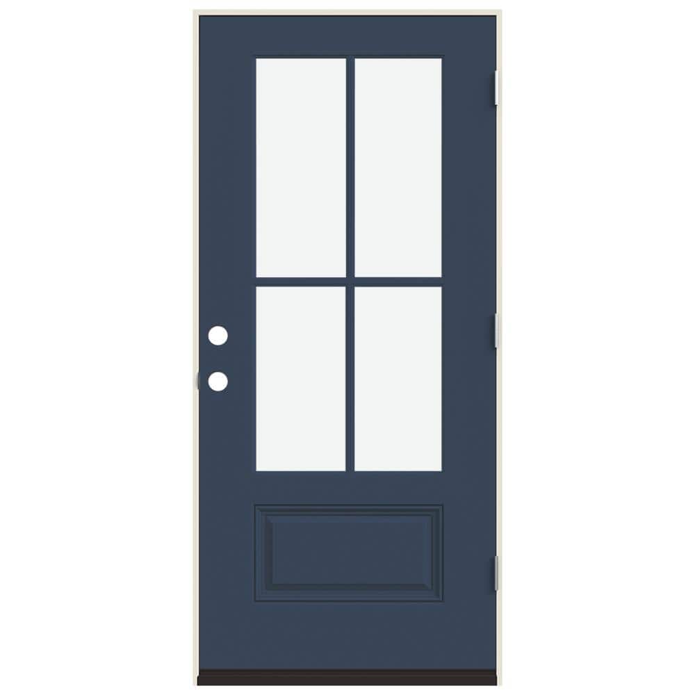 JELD-WEN 36 in. x 80 in. Left-Hand 4 Lite Clear Glass Revival Blue Painted Fiberglass Prehung Front Door with Brickmould