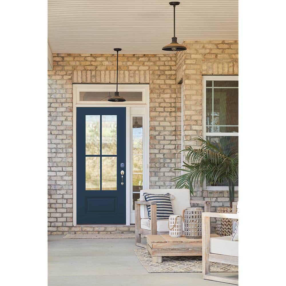 36 in. x 80 in. Left-Hand 4 Lite Clear Glass Revival Blue Painted Fiberglass Prehung Front Door with Brickmould