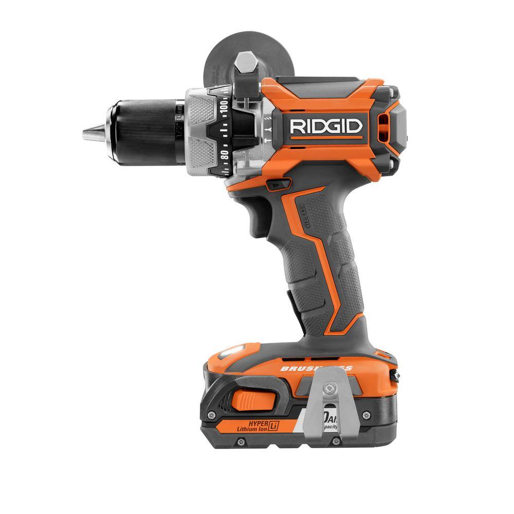 RIDGID 18-Volt Lithium-Ion Cordless Brushless 1/2 in. Compact Hammer Drill Kit with (2) 2.0 Ah Batteries, Charger and Bag