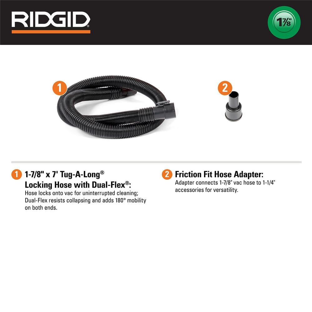 59507 Ridgid RIDGID 1-7/8 in. x 7 ft. Tug-A-Long Dual-Flex Locking Vacuum Hose with ...