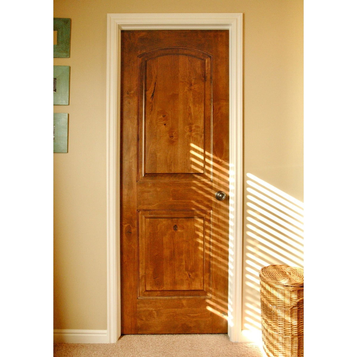 30 in. x 80 in. Rustic Knotty Alder 2-Panel Top Rail Arch Solid Core Wood Stainable Interior Door Slab