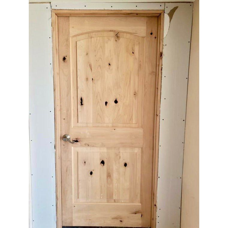 30 in. x 80 in. Rustic Knotty Alder 2-Panel Top Rail Arch Solid Core Wood Stainable Interior Door Slab